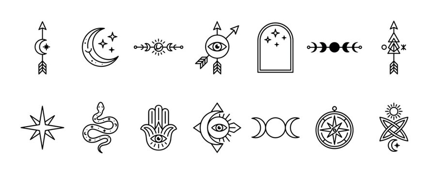 Set of black line art esoteric symbols featuring a crescent moon, all-seeing eye, hamsa hand, snake, and sun in a minimalist boho style for spiritual and magical concepts