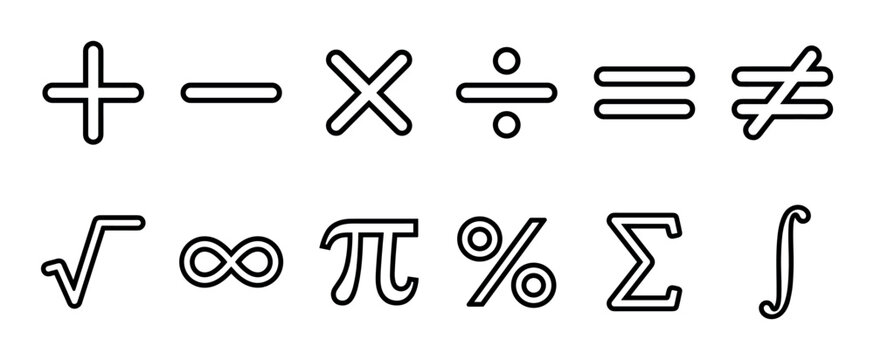 Black outline mathematical and scientific symbols arranged in a neat grid, featuring plus, minus, pi, infinity, and integral signs in a minimalist icon style