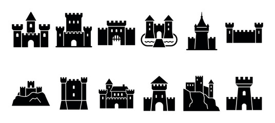 Fototapeta premium Collection of twelve black castle silhouette icons showing various medieval fortress and palace designs with towers, gates, and battlements in a simple flat graphic style
