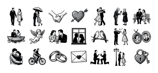 Obraz premium Large set of vintage romance illustrations showing couples in love, wedding rings, cupid, and other classic symbols of affection in a black and white engraved graphic style