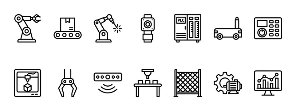 Industrial automation and robotics line icon set featuring a robotic arm, conveyor belt, PLC controller, 3D printer, and other manufacturing equipment symbols for technology concepts