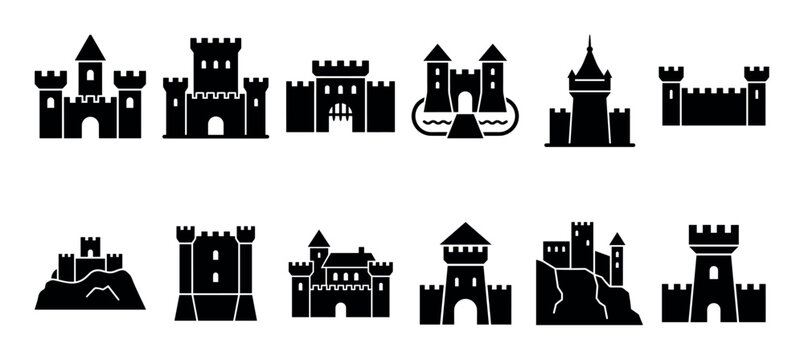 Collection of twelve black castle silhouette icons showing various medieval fortress and palace designs with towers, gates, and battlements in a simple flat graphic style