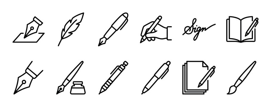 Set of black line icons for writing, signing, and calligraphy, featuring various pens, quills, signatures, and documents in a minimalist vector style for graphic design