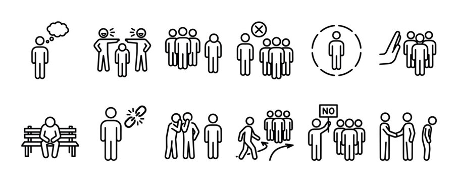 Black outline icon set illustrating social issues like loneliness, exclusion, bullying, and conflict with simple pictograms for psychological concepts