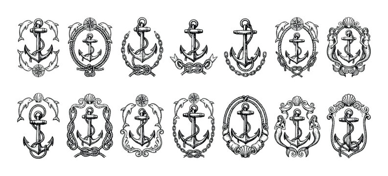 Collection of vintage hand-drawn anchor illustrations, intricately detailed with ropes, chains, dolphins, compasses, seashells, and mermaids, evoking a classic maritime and nautical aesthetic