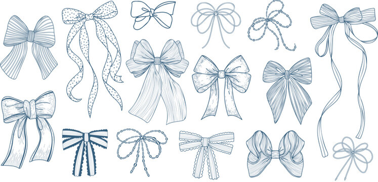 Elegant Hand Drawn Ribbon Bow Set in Vintage Engraving Style, Decorative Line Art Collection of Isolated Blue Outline Bows for Design, Packaging, Wedding and Holiday Use