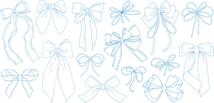 Elegant Hand Drawn Ribbon Bow Set in Vintage Engraving Style, Decorative Line Art Collection of Isolated Blue Outline Bows for Design, Packaging, Wedding and Holiday Use
