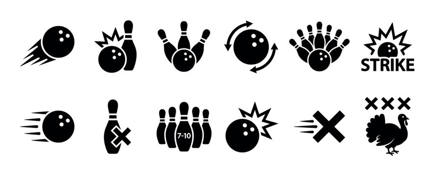 Black bowling sport icons and symbols collection showing game elements like a rolling ball, pins, strike, spare, 7-10 split, and a turkey, presented in a clean minimalist glyph style