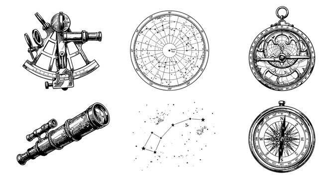Vintage navigational instruments and celestial charts for exploration and discovery