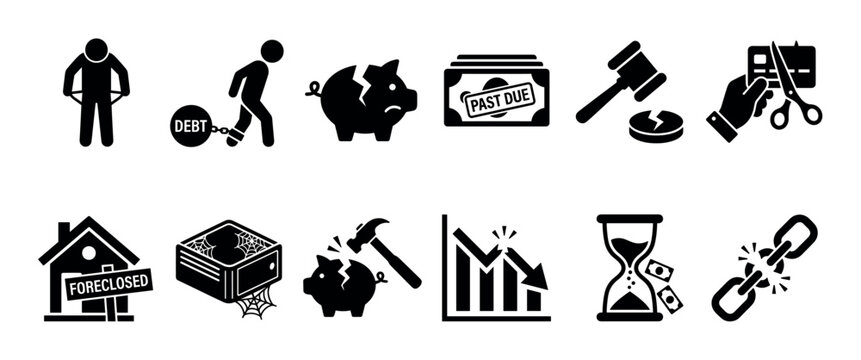 Collection of black financial crisis icons showing debt, bankruptcy, poverty, and economic recession concepts like a broken piggy bank, foreclosure, and past due bills