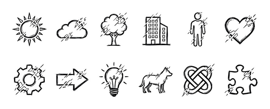 Black and white hand-drawn glitch icon set with a sketchy disintegration effect representing concepts of error, disruption, and breaking on various common symbols