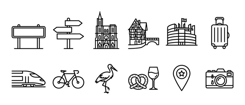 Set of black line travel icons featuring European tourism symbols like a cathedral, half-timbered house, stork, train, and luggage, representing a vacation or journey