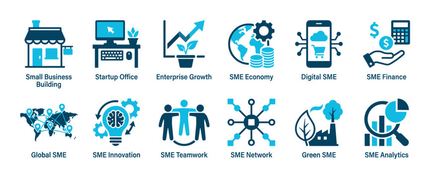 Set of twelve blue icons representing small and medium-sized enterprise concepts such as business growth, startup office, digital commerce, finance, innovation, and global teamwork