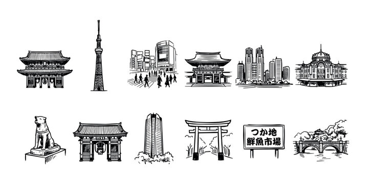 Hand-drawn collection of Asian city landmark icons featuring a pagoda, modern skyscraper, busy street, traditional gate, and historic building, created in a simple black and white sketch style