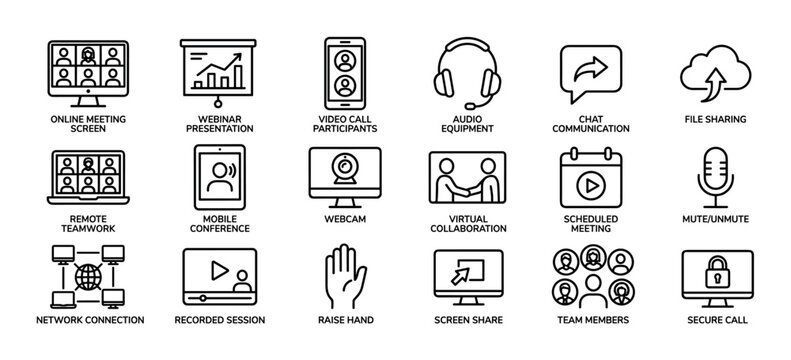 Collection of black line icons for online meetings and remote work, including symbols for webinar, video call, screen sharing, and virtual collaboration in a clean vector style
