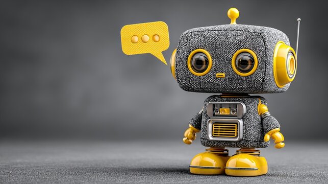 A small robot with a yellow speech bubble stands on a gray surface with a dark background