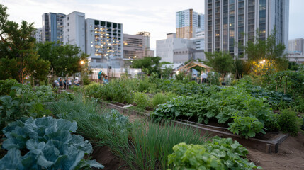Fototapeta premium Community garden plot thriving in formerly vacant lot, volunteers harvesting vegetables while abandoned factory looms behind, food sovereignty reclaiming space, perfect for urban agriculture and col