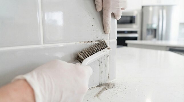 Person in gloves meticulously scrubbing tile grout with a brush.