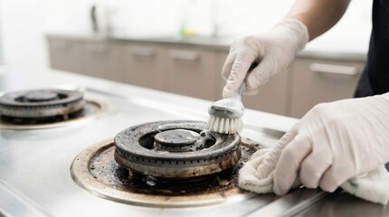 Fototapeta premium Person wearing gloves cleaning a dirty gas stove burner with a brush and cloth.