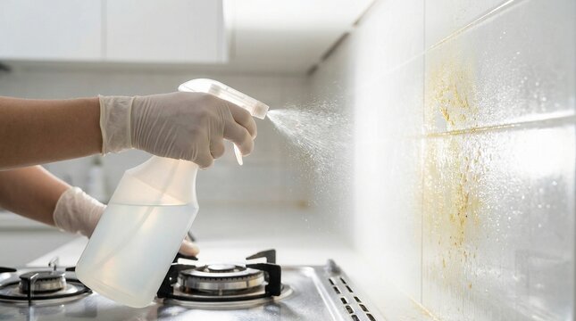 Person in gloves spraying cleaner on a dirty kitchen wall.