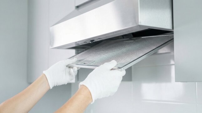 Person in white gloves removing a metal filter from a kitchen range hood for cleaning.