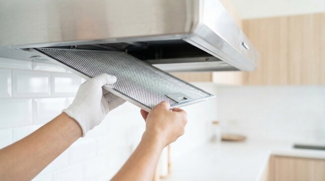Person in white gloves removing a metal filter from a kitchen range hood for cleaning 1.
