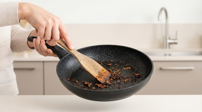 Person scraping burnt food from a dirty frying pan with a wooden spatula.