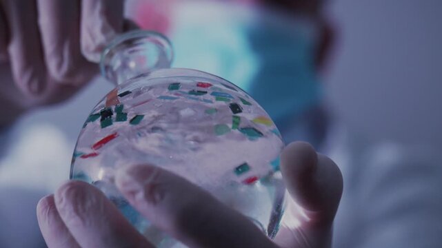 Scientific researcher studying microplastic particles suspended in a liquid inside a glass container
