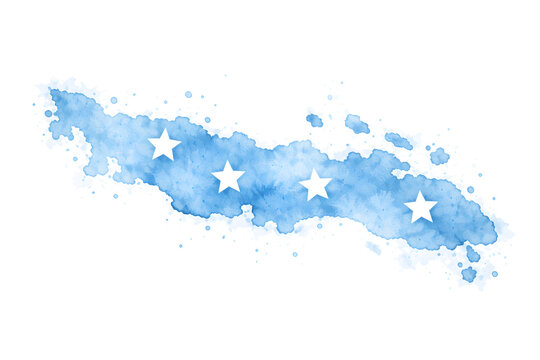 Watercolor map of Micronesia in soft blue tones with white stars, artistic ink wash style, minimal design, isolated on white background, high quality illustration.
