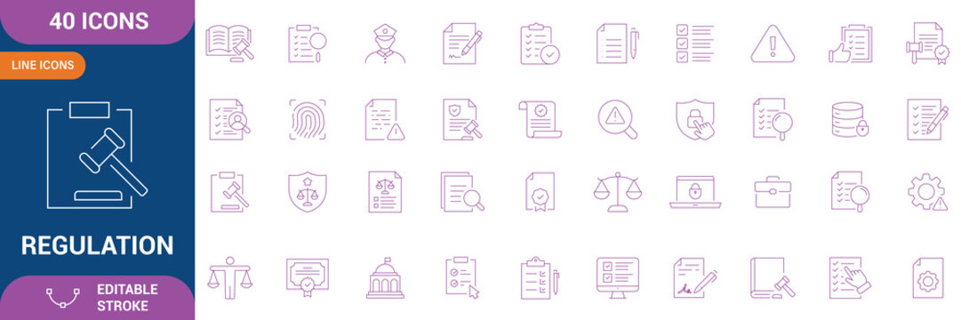 Regulation icon set. Containing rules, compliance, government, penalty, guideline, authority, procedure, ethics, law, conduct, and etc. Editable stroke. Vector file.