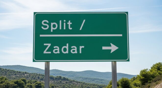 Croatian Road Sign Indicates Direction To Split And Zadar