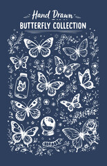 Naklejka premium Grunge style butterfly collection. doodle set of hand drawn butterflies, vintage set. Vector illustration.