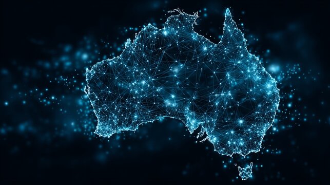 A glowing blue map of Australia made up of sparkling network connections and stars on a dark background