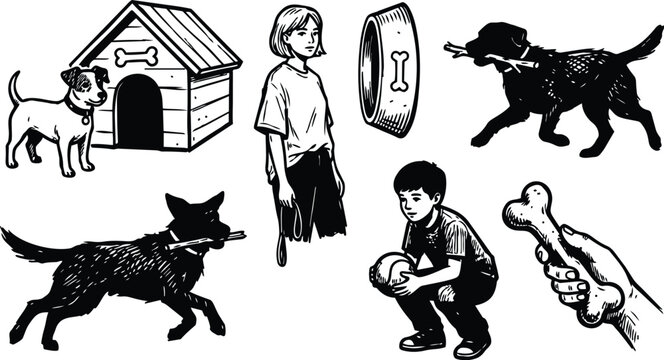 Line art black and white puppy carrying stick near doghouse with boy and girl