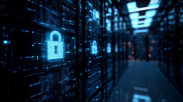 A secure server room with digital padlocks protecting sensitive data and information