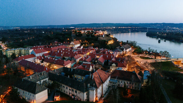 Aerial view of the fortress standing guard above the town with its red rooftops, overlooking the river, Petrovaradin, Vojvodina, Serbia.