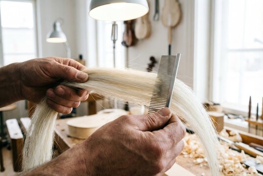 Luthier combing white horsehair to prepare a traditional violin bow