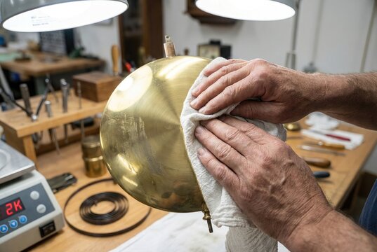 Clockmaker polishing a large shiny brass pendulum bob with a soft cloth