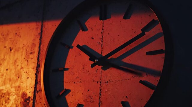 Close-up of a clock on a wall with dramatic lighting effects