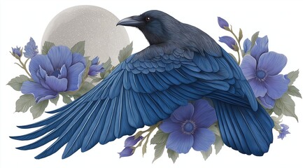 Fototapeta premium Detailed illustration of a black raven with blue feathers and spread wings. Crow bird with blue anemone flowers and large moon. Botanical nature art on white background