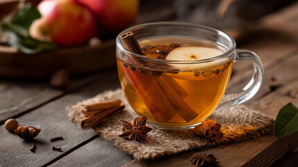 Fototapeta premium Warm spiced apple tea in clear glass cup with cinnamon sticks, star anise and fresh apple slice on rustic wooden table, autumn beverage atmosphere concept, with copy space