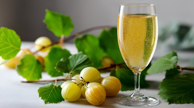 Green grapes with leaves beside glass filled with sparkling yellow beverage, fresh and vibrant composition against clean light background, natural fruit drink concept, with copy
