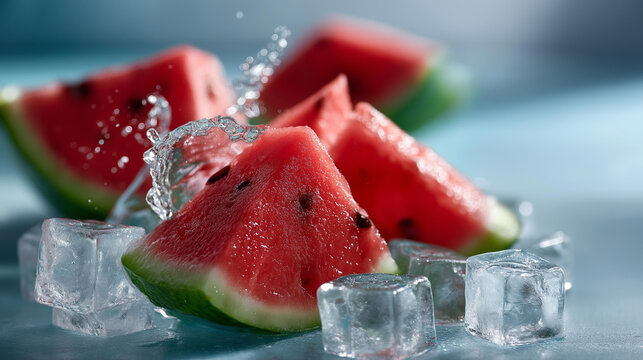 Fresh watermelon slices splashing into water with ice cubes against light blue background, vibrant red and green color contrast, refreshing summer beverage concept, with copy space