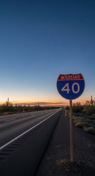 Desert Highway Interstate 40 Sign At Sunset