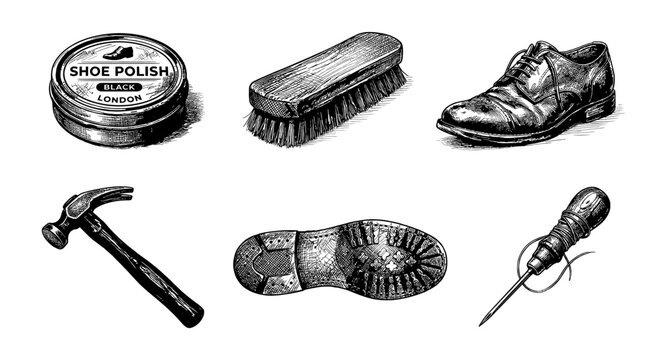 Collection of vintage shoe care and repair tools and supplies