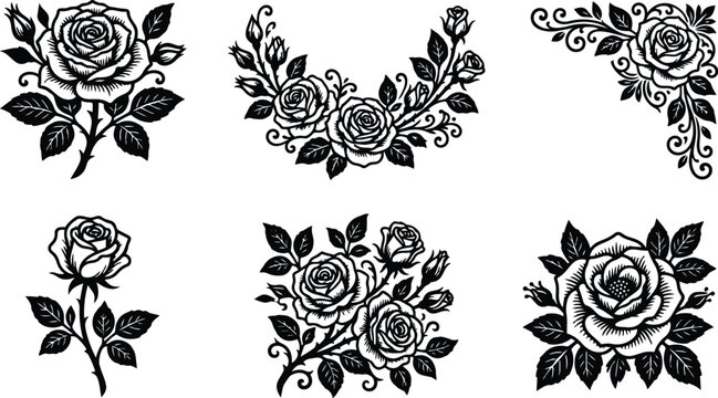 Black and white rose ornaments arranged six clip art elements with leaves and swirls vector art