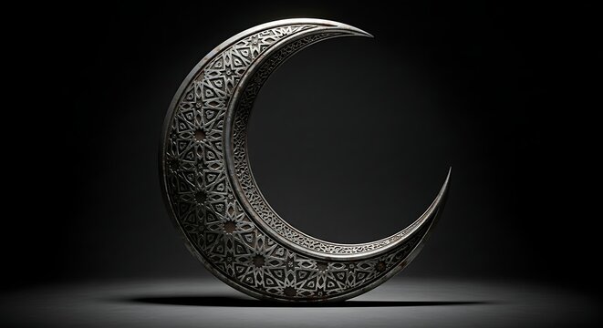 Intricately designed crescent moon with ornate patterns on dark background