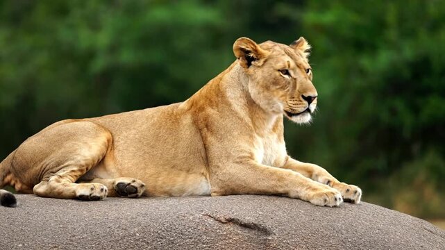 Majestic lioness resting gracefully on a rock in her natural habitat with lush green foliage in the background, looking alert.