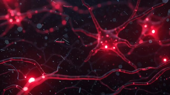 A video showcasing a neuron with glowing red connections in a dark background