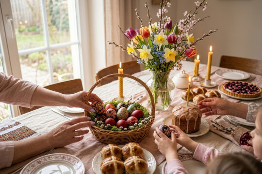 Festive Easter dining table with decorated eggs, candles, spring flowers, and homemade desserts, family hands reaching in, natural window light, cozy and authentic lifestyle